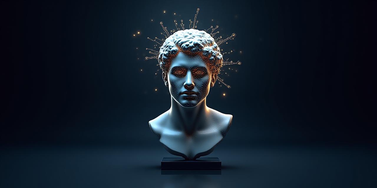 Abstract representation of human intellect merging with digital neural networks