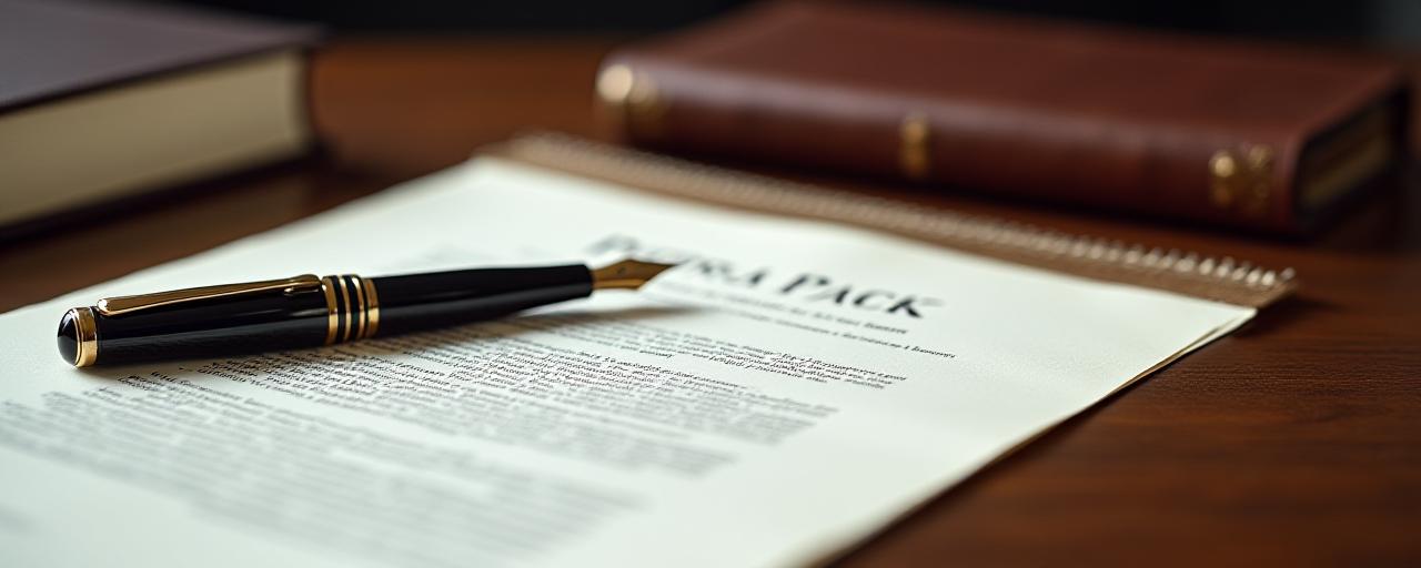 Close up of a professional consulting agreement on a wooden desk